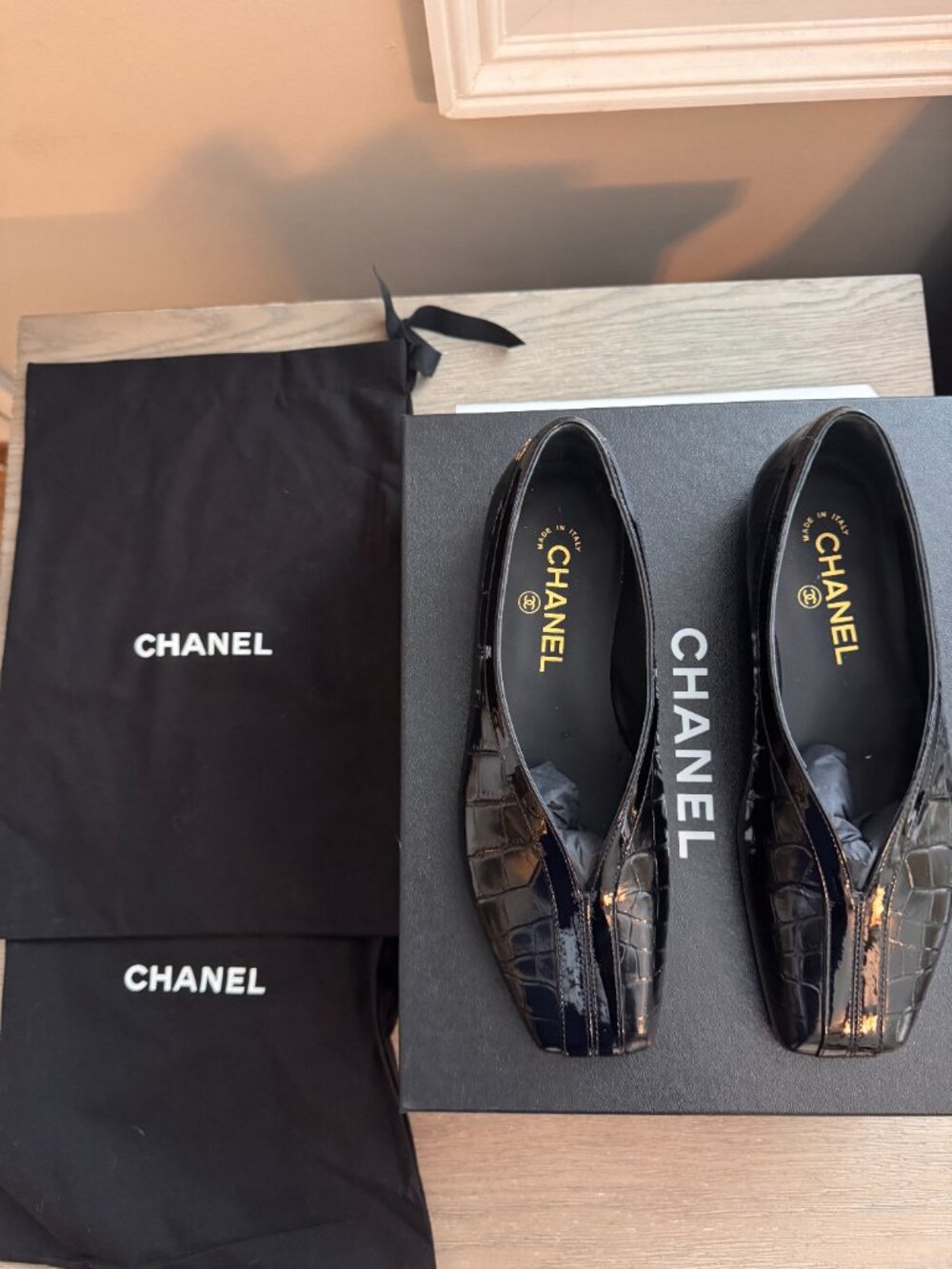 Chanel Croc Embossed Ballet Flats Black Patent Calfskin 36.5 SS26 Blazy - Picture 3 of 11